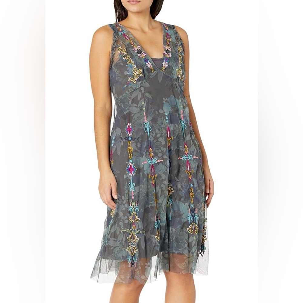 Johnny Was Biya Grey Embroidered V-Neck Midi Embroidered Sleeveless Dress